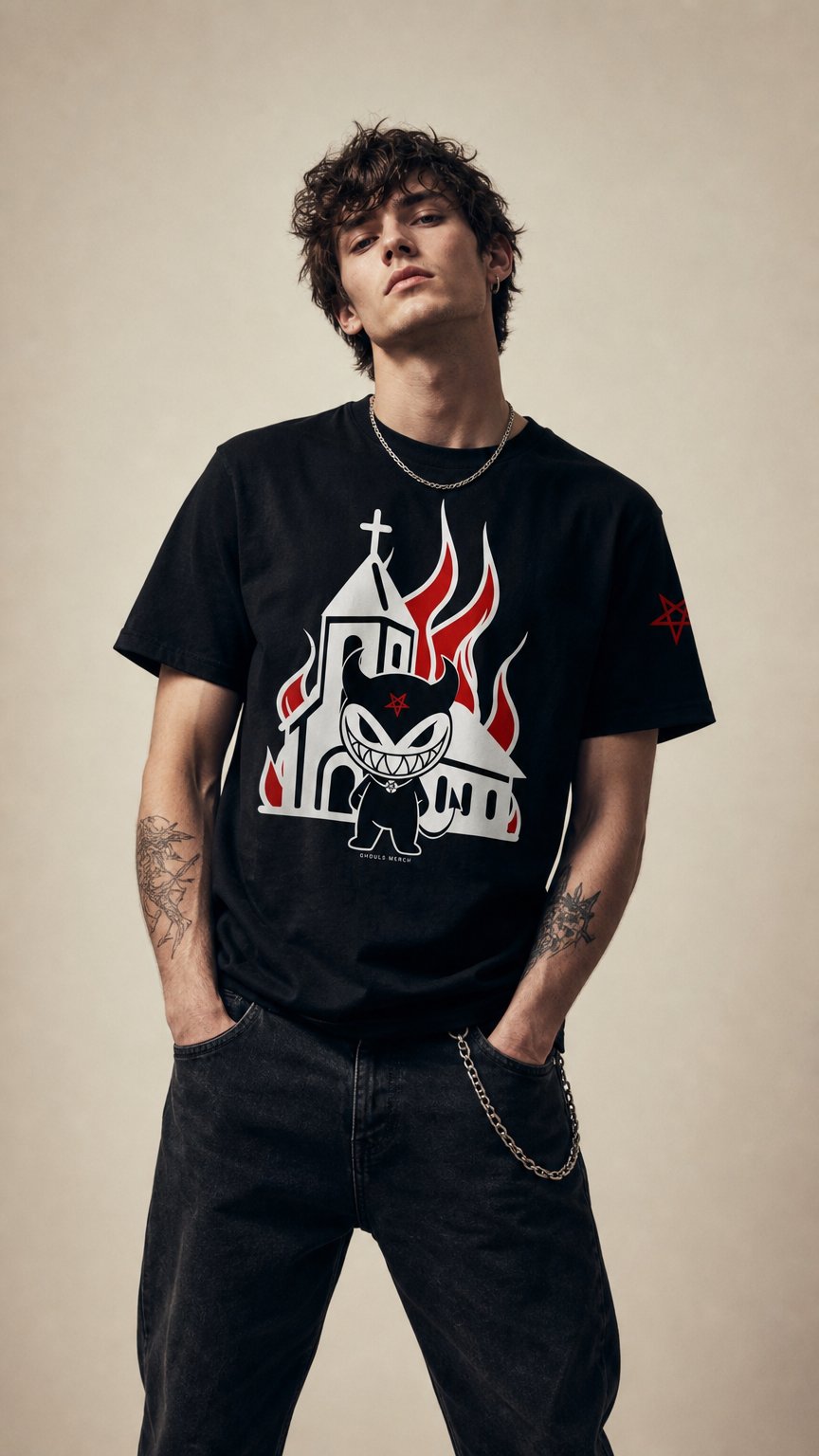 AI product shot of BURNING CHURCH - T-SHIRT