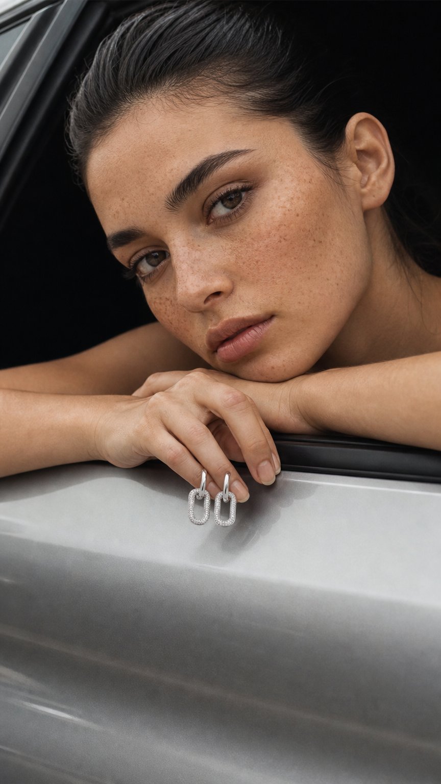 AI product shot of Silver Dual Link Pavé Drop Hoops