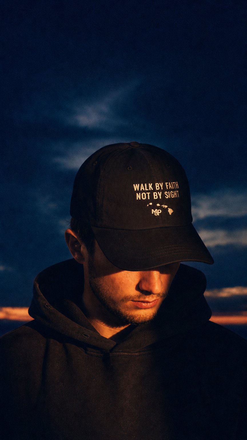 AI product shot of Walk By Faith Dad Cap | Hawaiian Islands Embroidered Hat