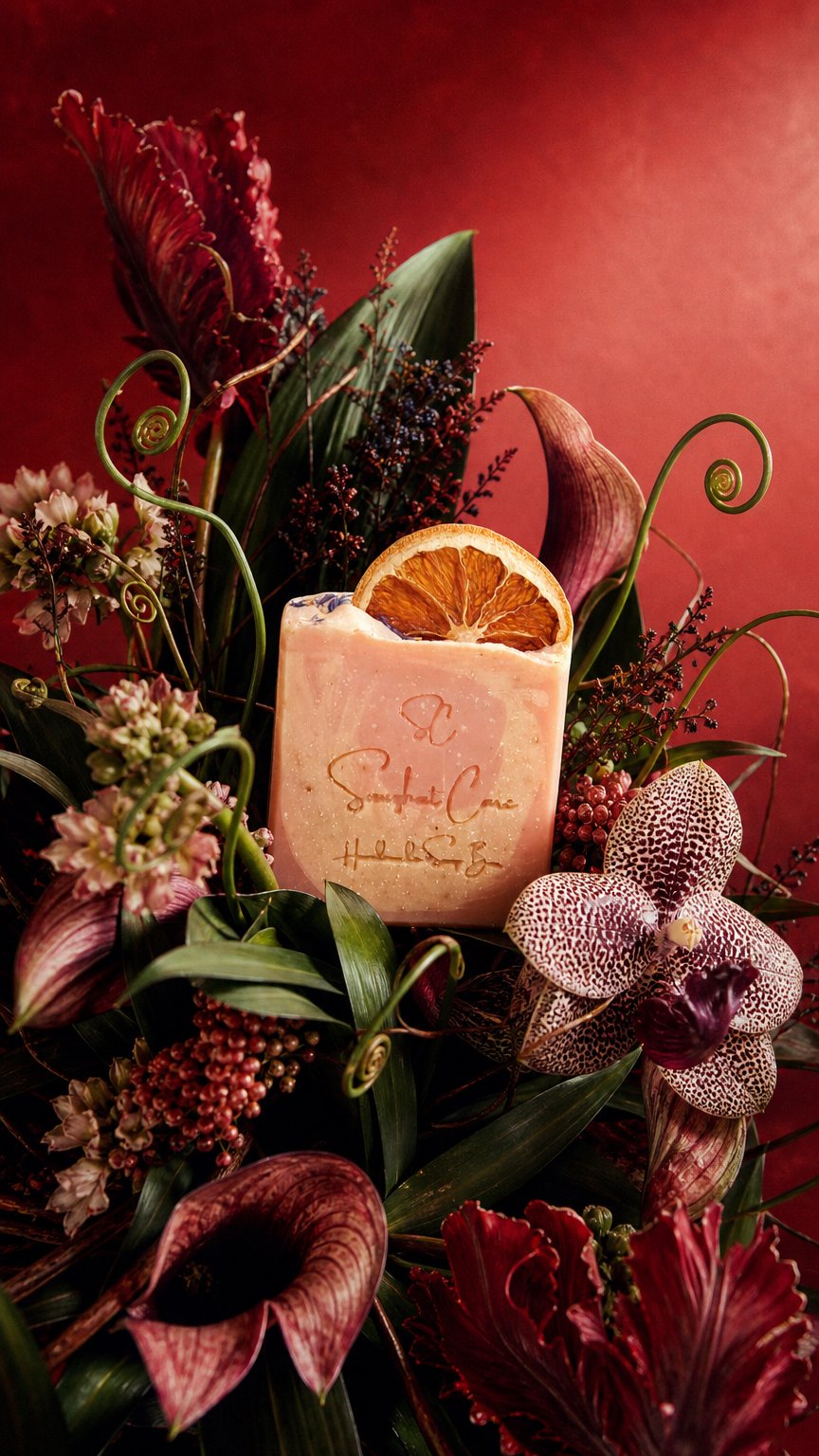 AI product shot of Citrus Burst Handmade Soap – Orange Peel Shea Butter Cleansing Bar