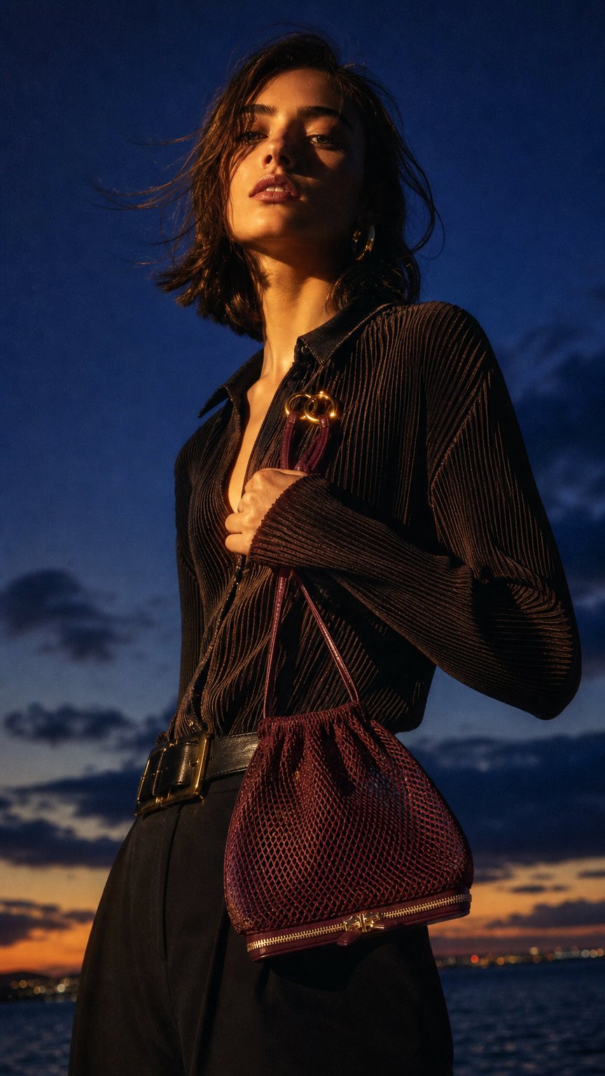 AI product shot of Le Pochon Fishnet Bag, Grenat