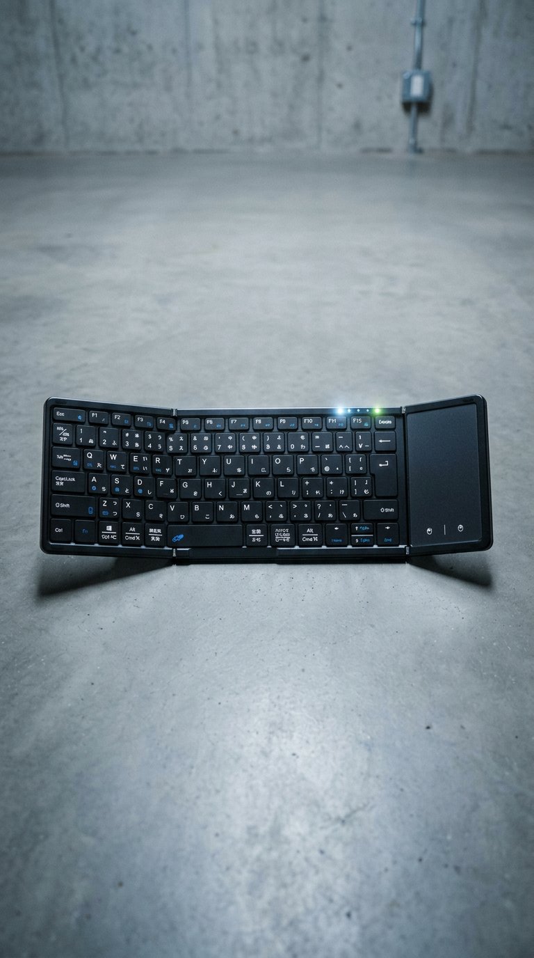 AI product shot of Omikamo Bluetooth Keyboard, Foldable, Wireless, JIS Standard Japanese Arrangement, iPad Keyboard, Smartphone, Multi-Pairing, Touchpad, Compatible with iOS/Windows/Android/Mac/Google Compatible,
