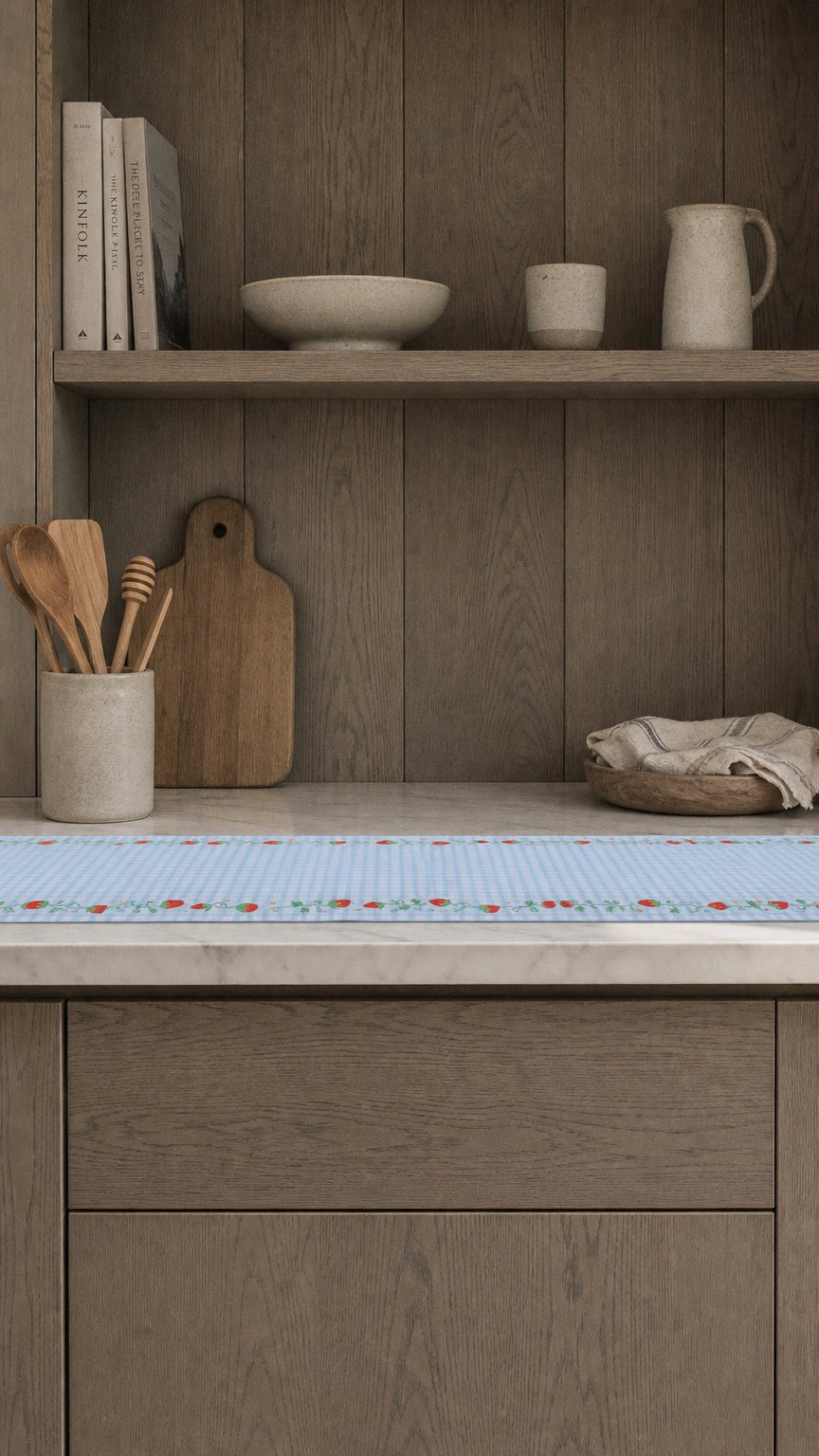 AI product shot of Strawberry Picnic Gingham Table Runner