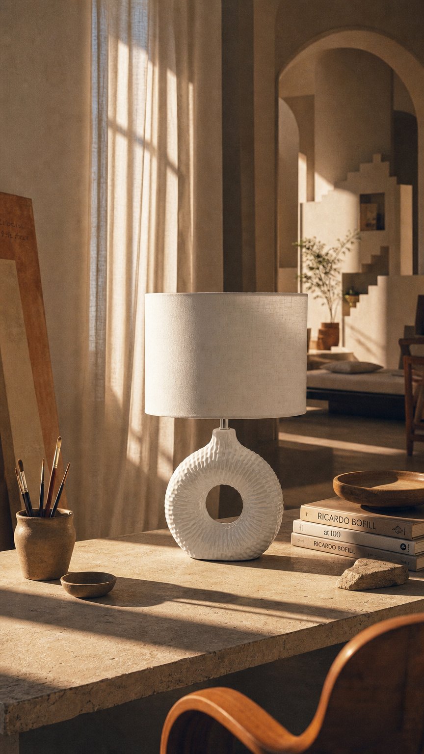 AI product shot of Lampada da Tavolo in Ceramica Bianca con Base ad Anello e Paralume in Tessuto