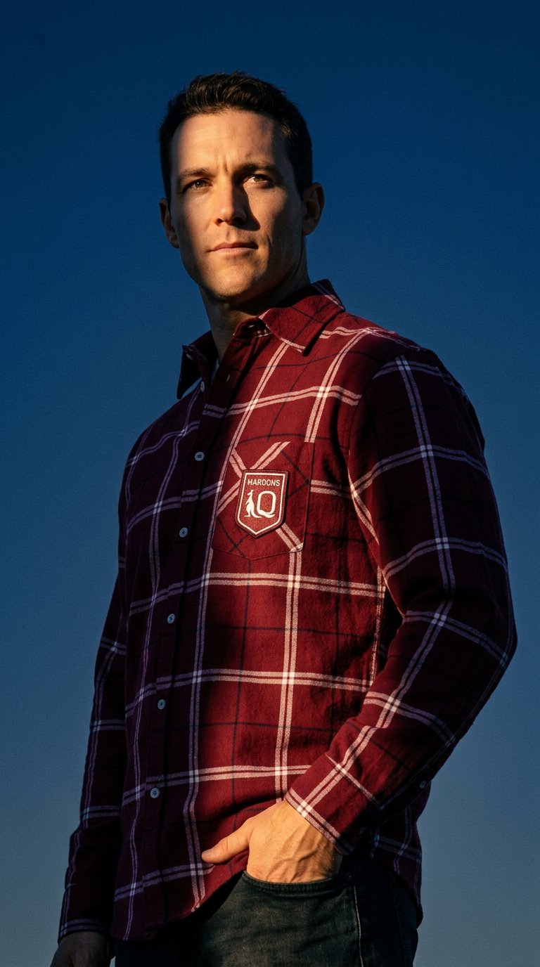 AI product shot of QLD Maroons 'Mustang' Flannel Shirt