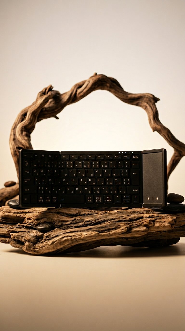 AI product shot of Omikamo Bluetooth Keyboard, Foldable, Wireless, JIS Standard Japanese Arrangement, iPad Keyboard, Smartphone, Multi-Pairing, Touchpad, Compatible with iOS/Windows/Android/Mac/Google Compatible,