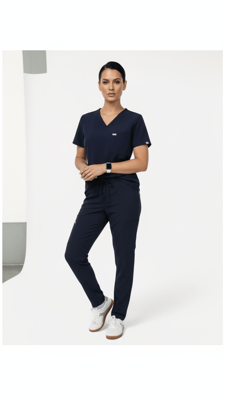 AI product shot of IRONIK Navy Blue Scrub Set - Top & Cargo Pants