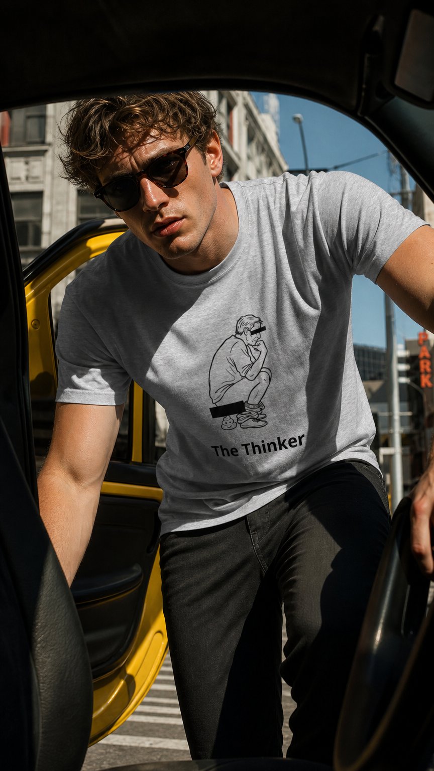 AI product shot of The Thinker Funny Graphic T-Shirt | The Turd Club