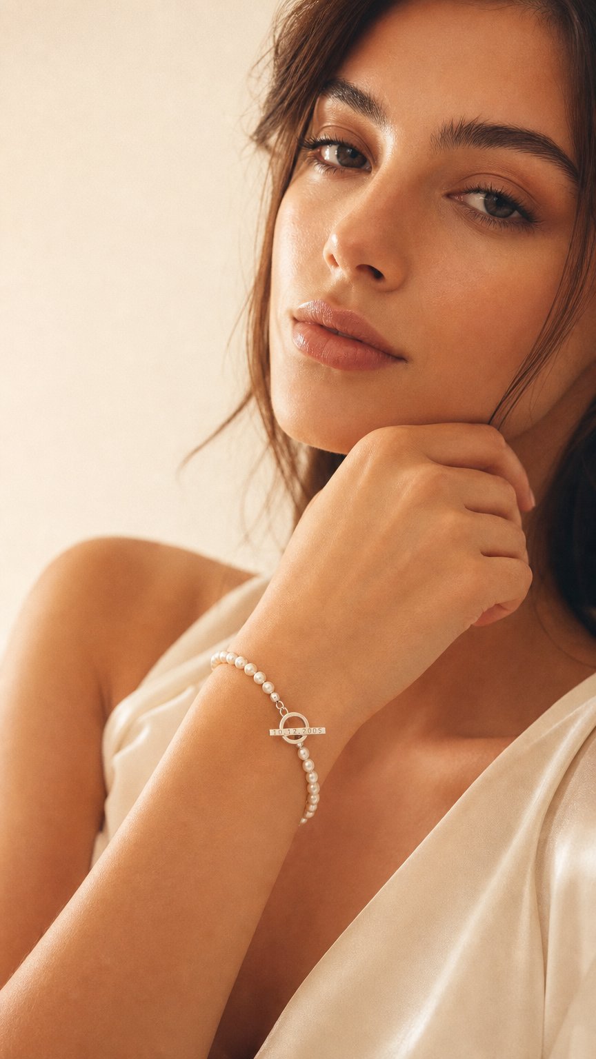 AI product shot of Personalised Pearl Bracelet with Sterling Silver T-Bar Clasp