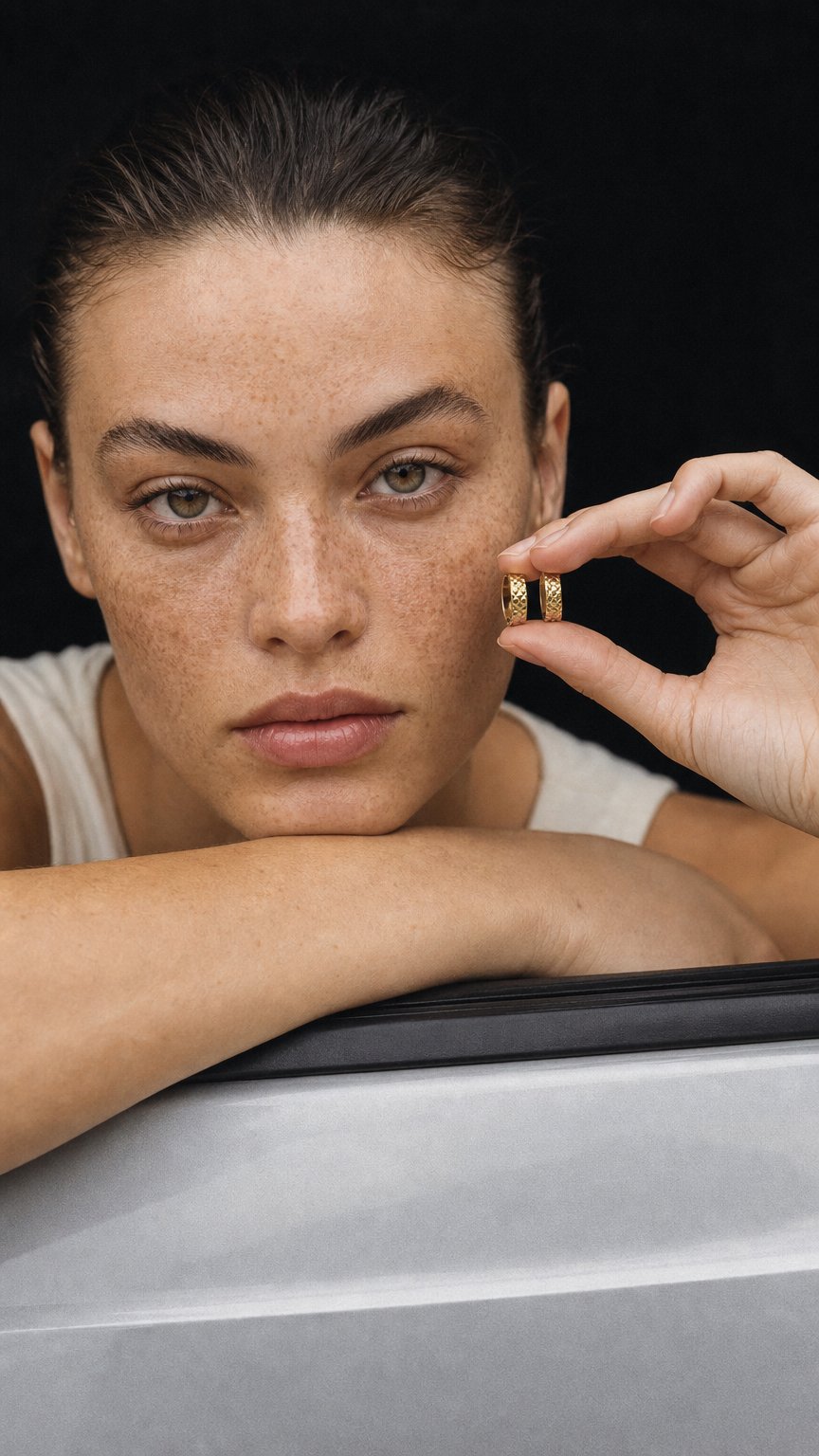 AI product shot of 8 kt guld creoler med spejl-mønster