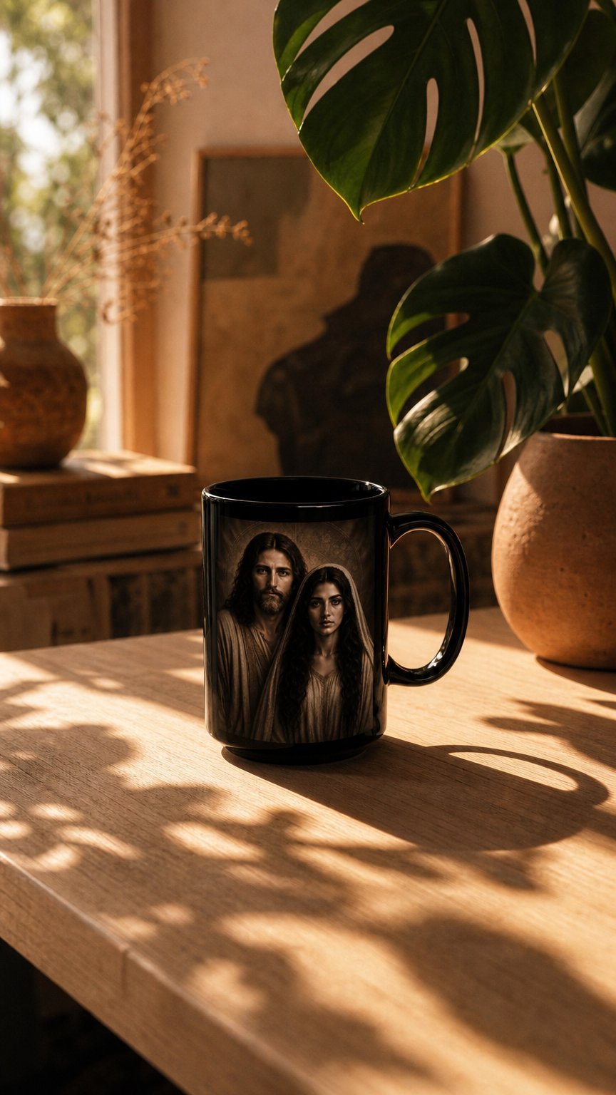AI product shot of Christ & Mary Magdalene Mug | Black Ceramic Coffee Cup