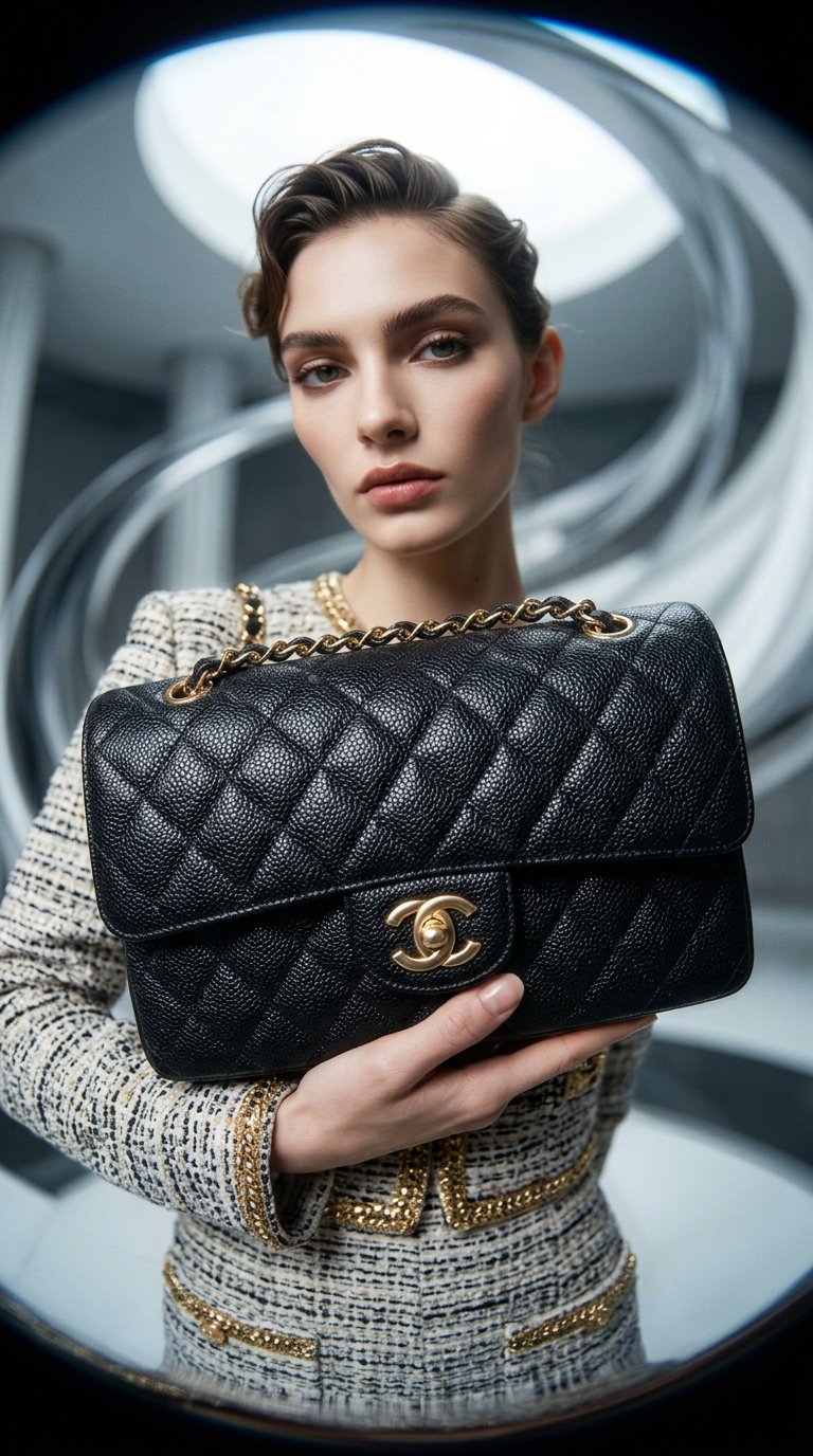 AI product shot of Chanel Classic Caviar Calf Skin Gold Small Flap Bag Women's Black