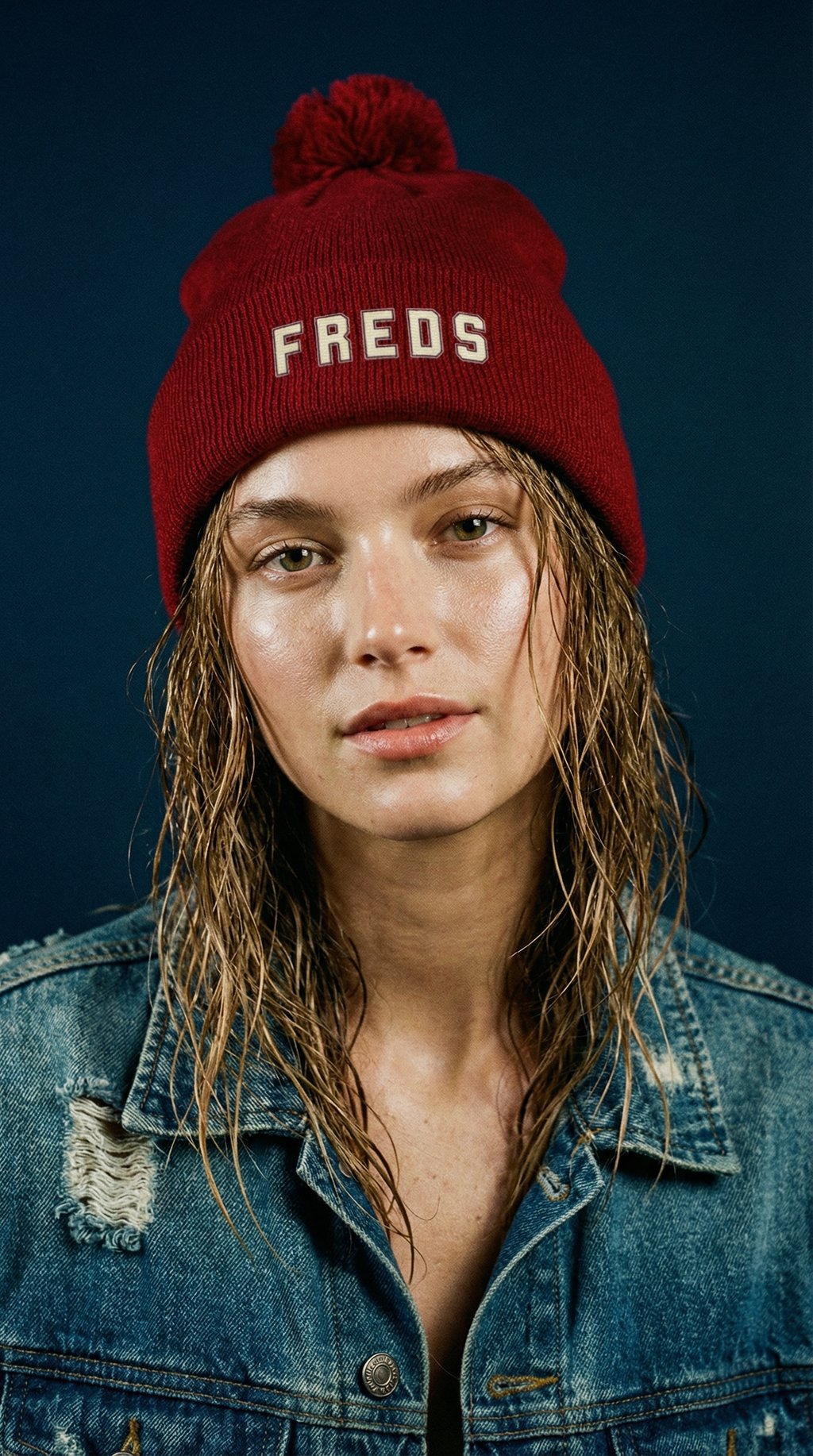AI product shot of EMBROIDERED FREDS Pom Pom hat
