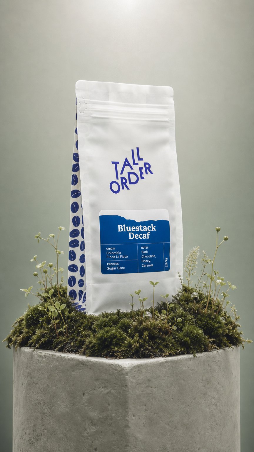 AI product shot of Tall Order Bluestack Decaf Beans