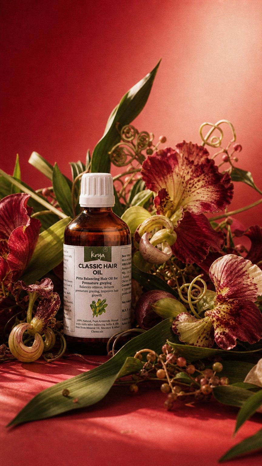 AI product shot of Krya Classic Hair Oil - Ayurvedic hair oil for grey hair, oily scalp and poor hair growth