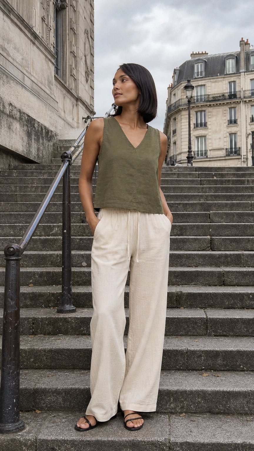 AI product shot of Linen Wide Strap Tank Top - Olive Green