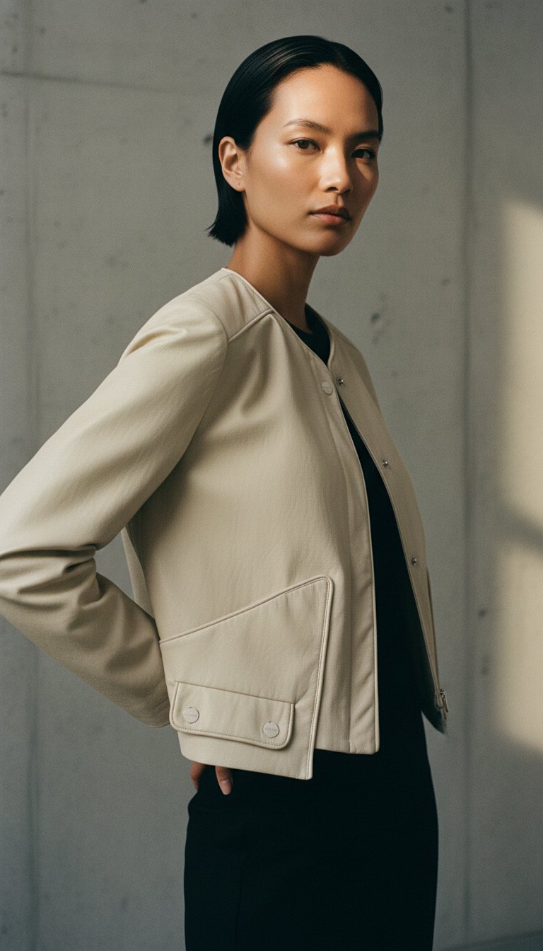 AI product shot of Beige leather jacket