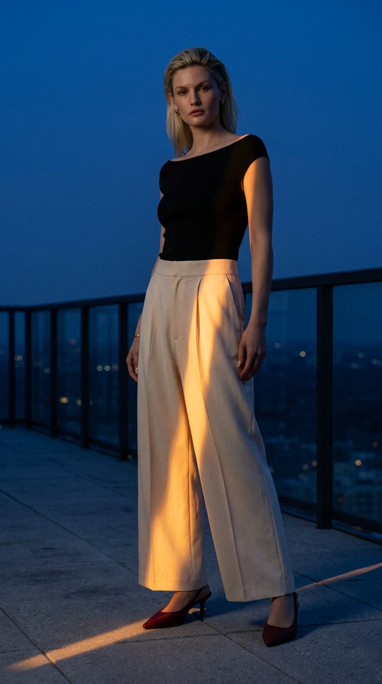 AI product shot of Wide Leg Pants with Elastic Waistband - Ivory