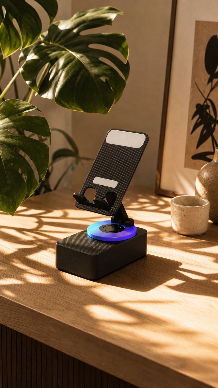 AI product shot of 3-in-1 Power Bank, phone stand & Bluetooth speaker