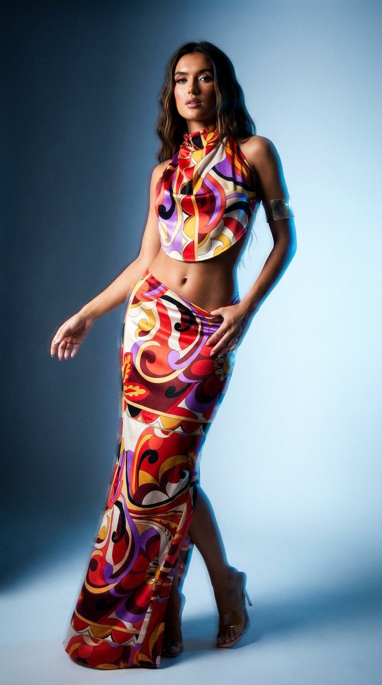 AI product shot of PrettyLittleThing Satin Mid Rise Maxi Skirt & Halter Top Set AU 10 NEW RRP $99