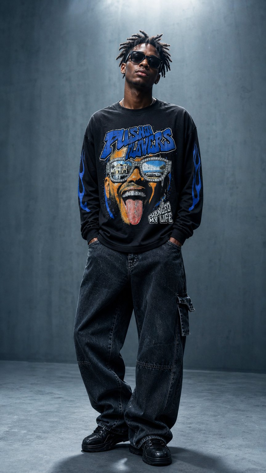 AI product shot of Pushin Flowers "The Life" Graphic Long Sleeve Shirt – PF Streetwear