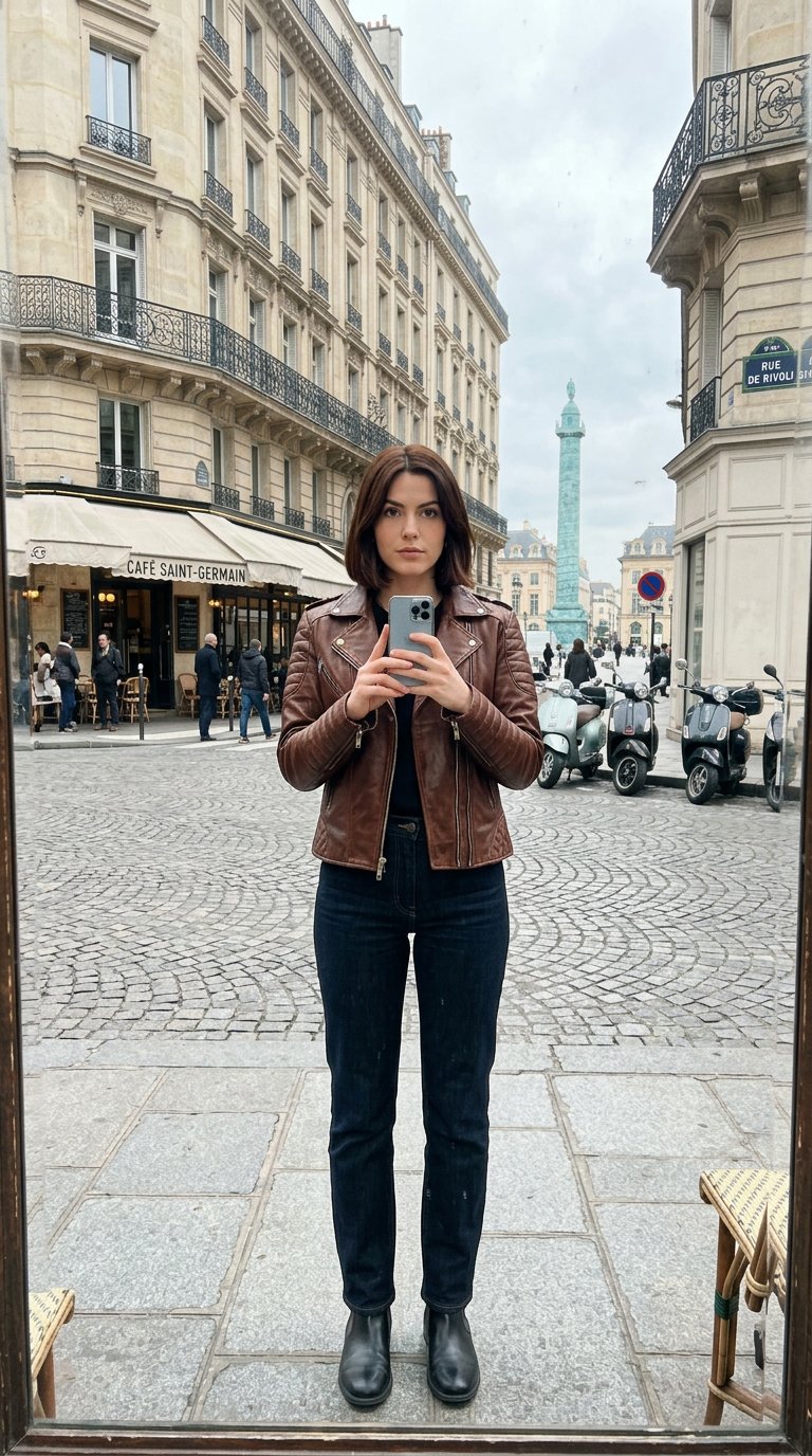 AI product shot of Baron’s Crest – Quilted Leather Biker Jacket