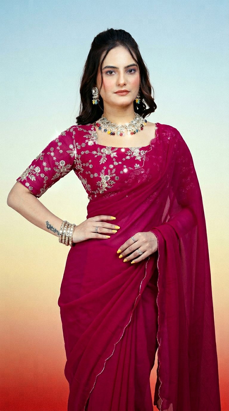 AI product shot of K 5 FASHION एम्ब्रॉइडरेड बॉलीवुड जोर्जेट साड़ी (गुलाबी)