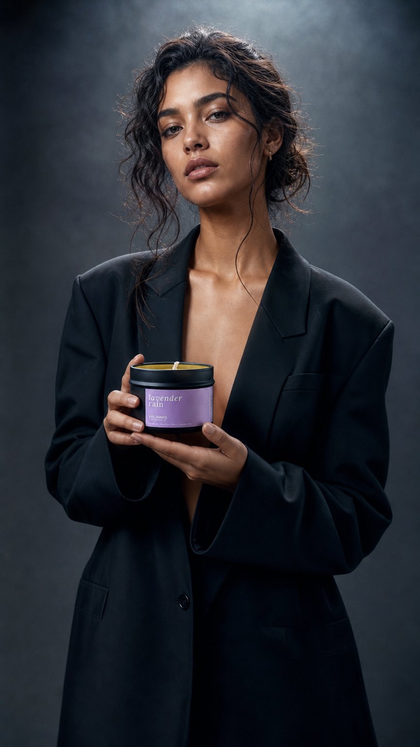AI product shot of Lavender Rain Soy Candle \ Lavender, Ozone, Sea Salt & Iris