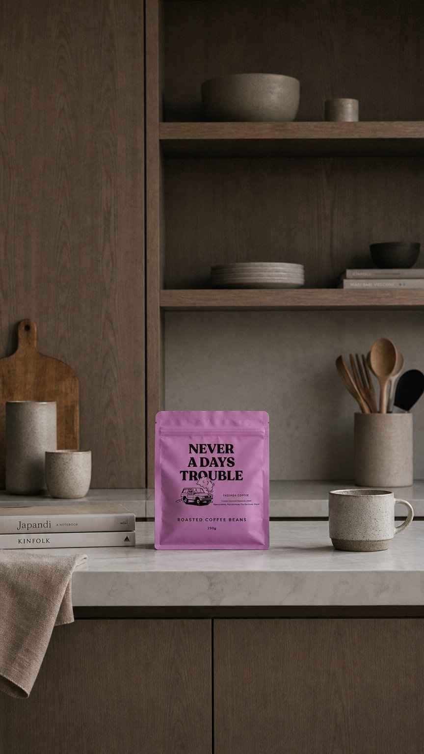 AI product shot of NEVER A DAY'S TROUBLE – WHOLE BEAN COFFEE (250G)
