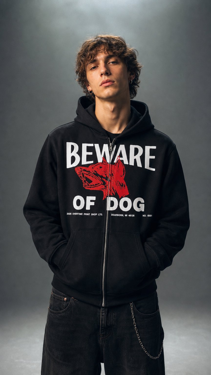 AI product shot of BEWARE OF DOG ZIP-UP HOODIE (BLACK)