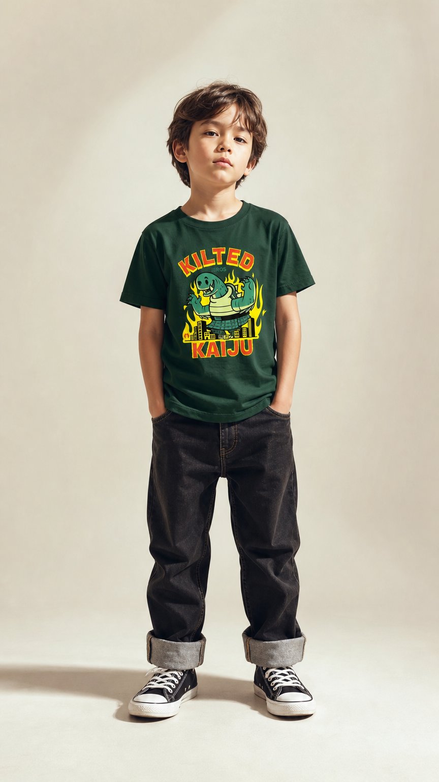AI product shot of Kilted Kaiju kids shirt
