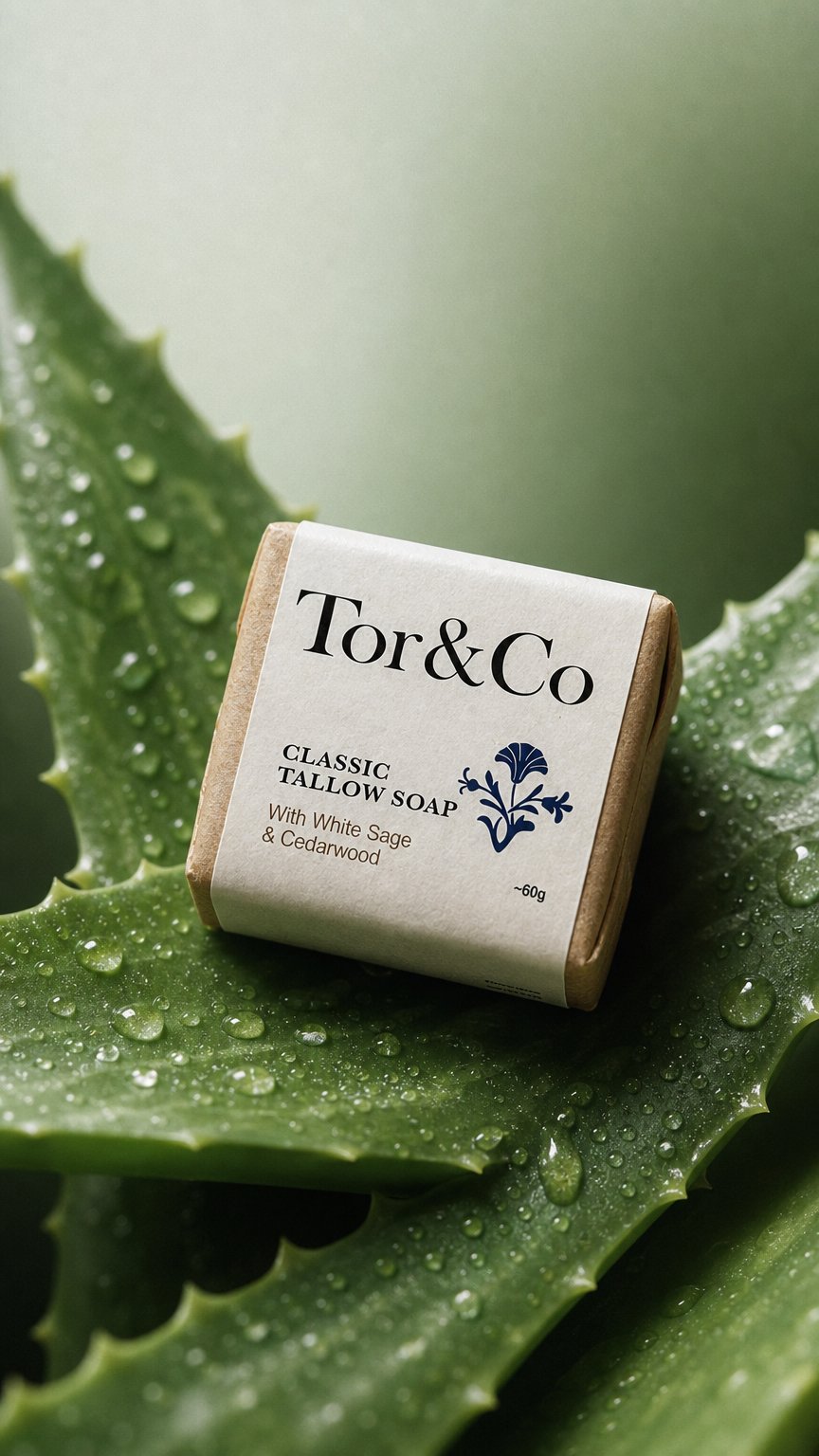 AI product shot of White sage & cedar wood tallow soap