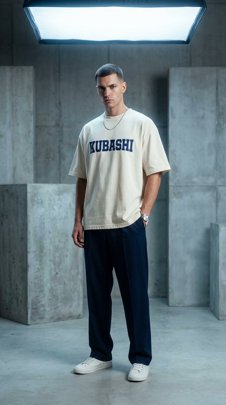 AI product shot of Kubashi Varsity Oversized Tee