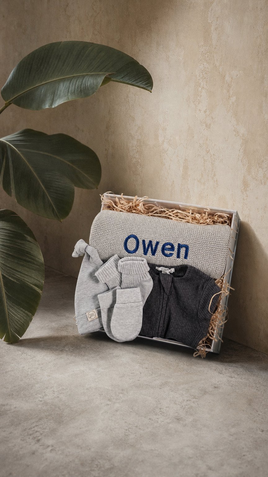 AI product shot of Personalised Welcome Baby Gift Box – Charcoal
