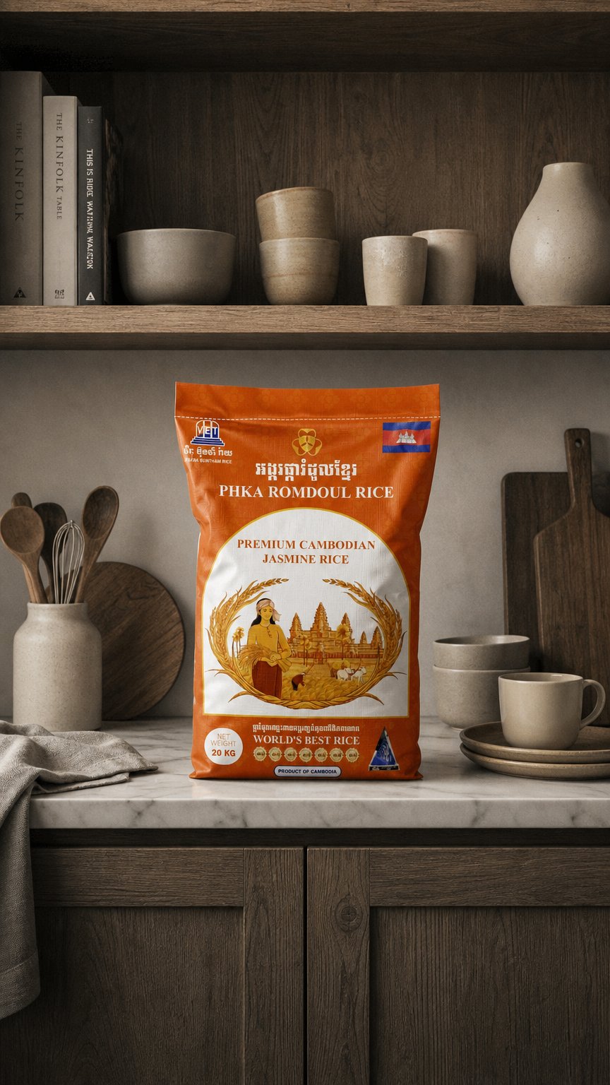 AI product shot of VET PHKA ROMDOUL JASMINE RICE 20 KG