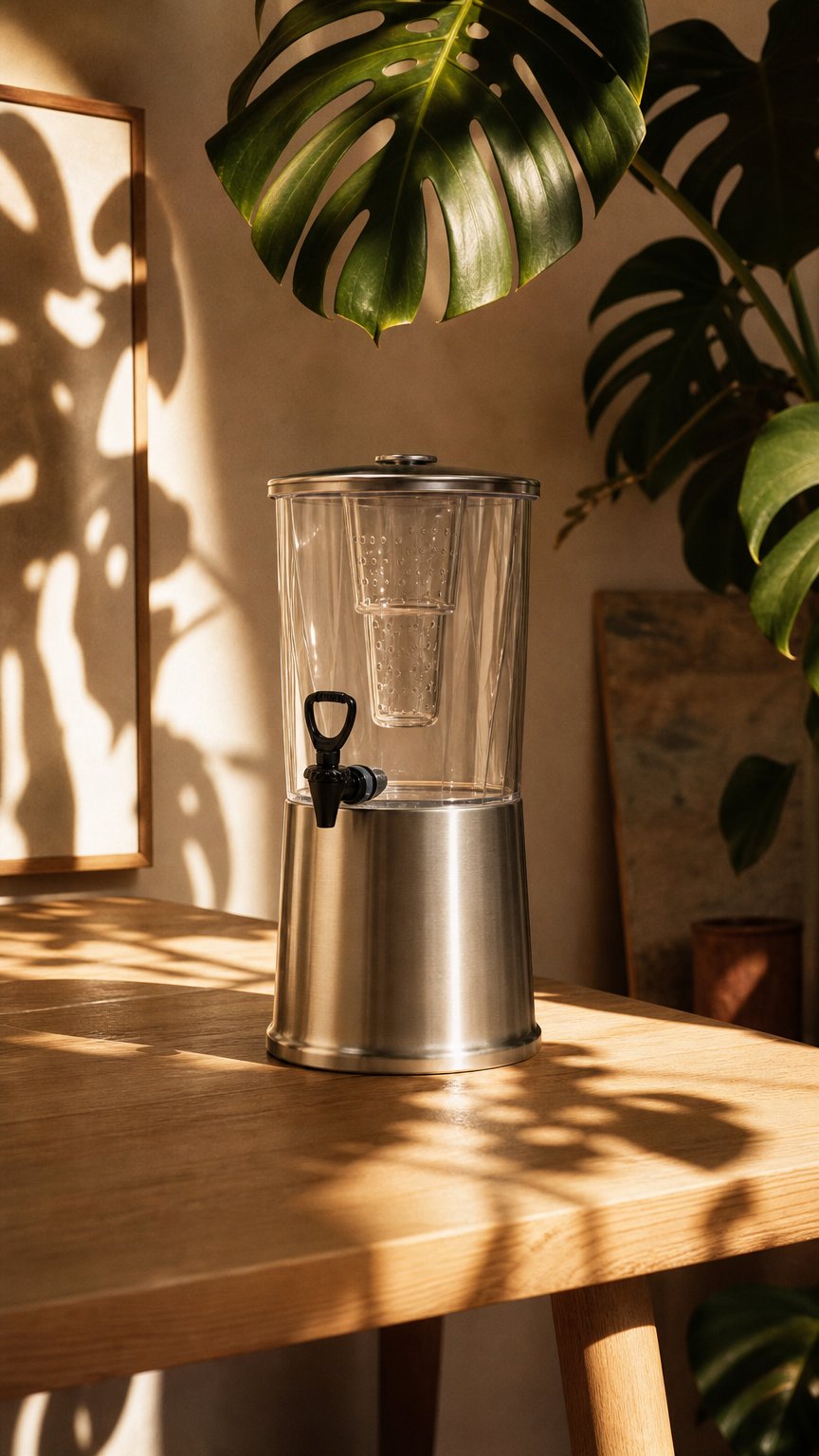 AI product shot of Essential 3-Gallon Round Cold Beverage Dispenser in Brushed Stainless and Black