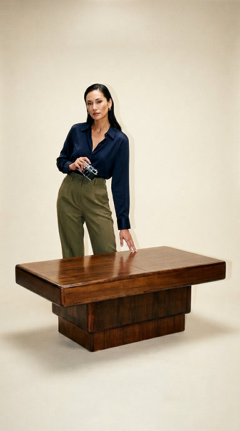 AI product shot of Soffbord av mahogny med utdragsskiva och inbyggd bar, 1960/1970-tal.