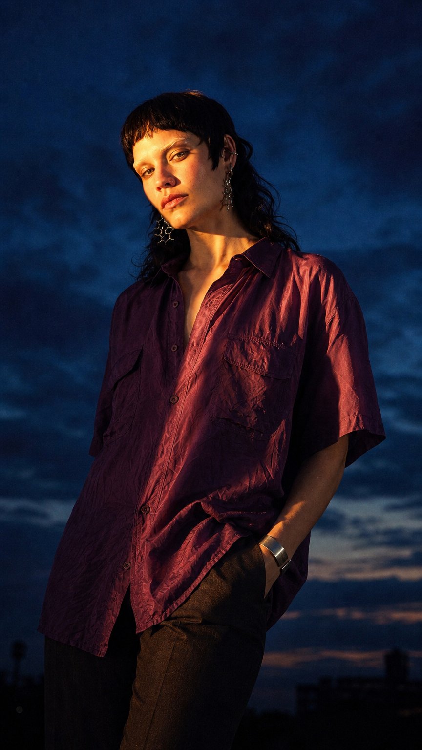 AI product shot of Vintage 80s 90s burgundy/pink short sleeve blouse | S-M