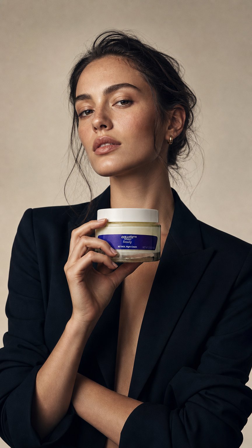 AI product shot of Equate Retinol Night Cream for Face Care to Smooth Skin Overnight, 1.7 oz, Compare to Olay® Regenerist® Retinol 24 Night Moisturizer