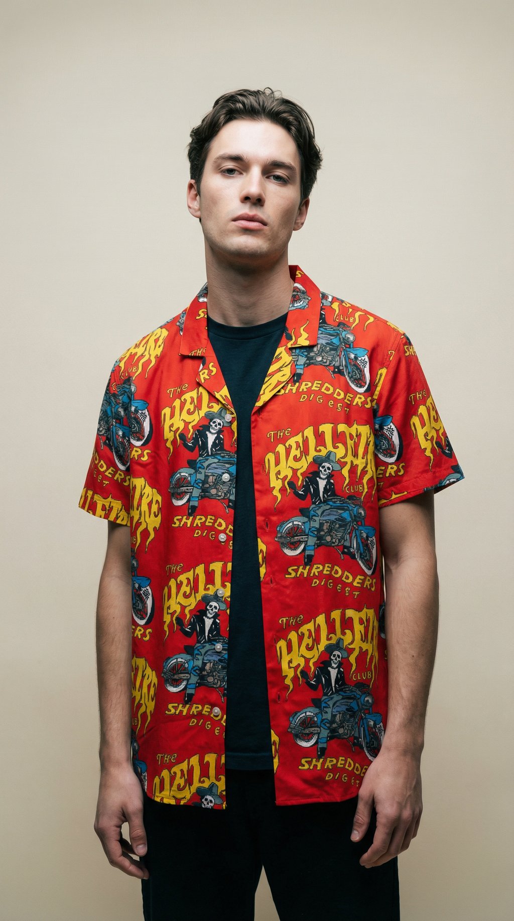 AI product shot of Hell Fire Button Down