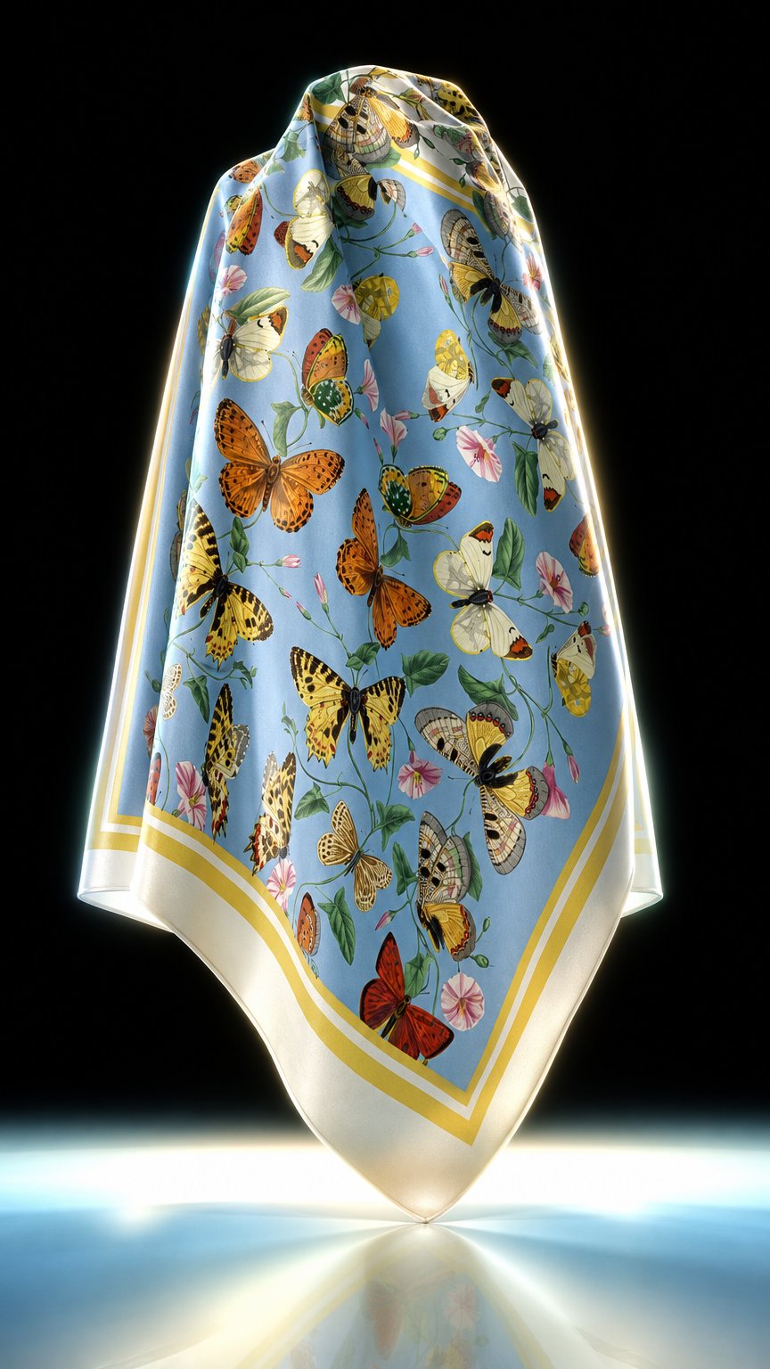 AI product shot of The Butterfly Escape Silk Square Scarf