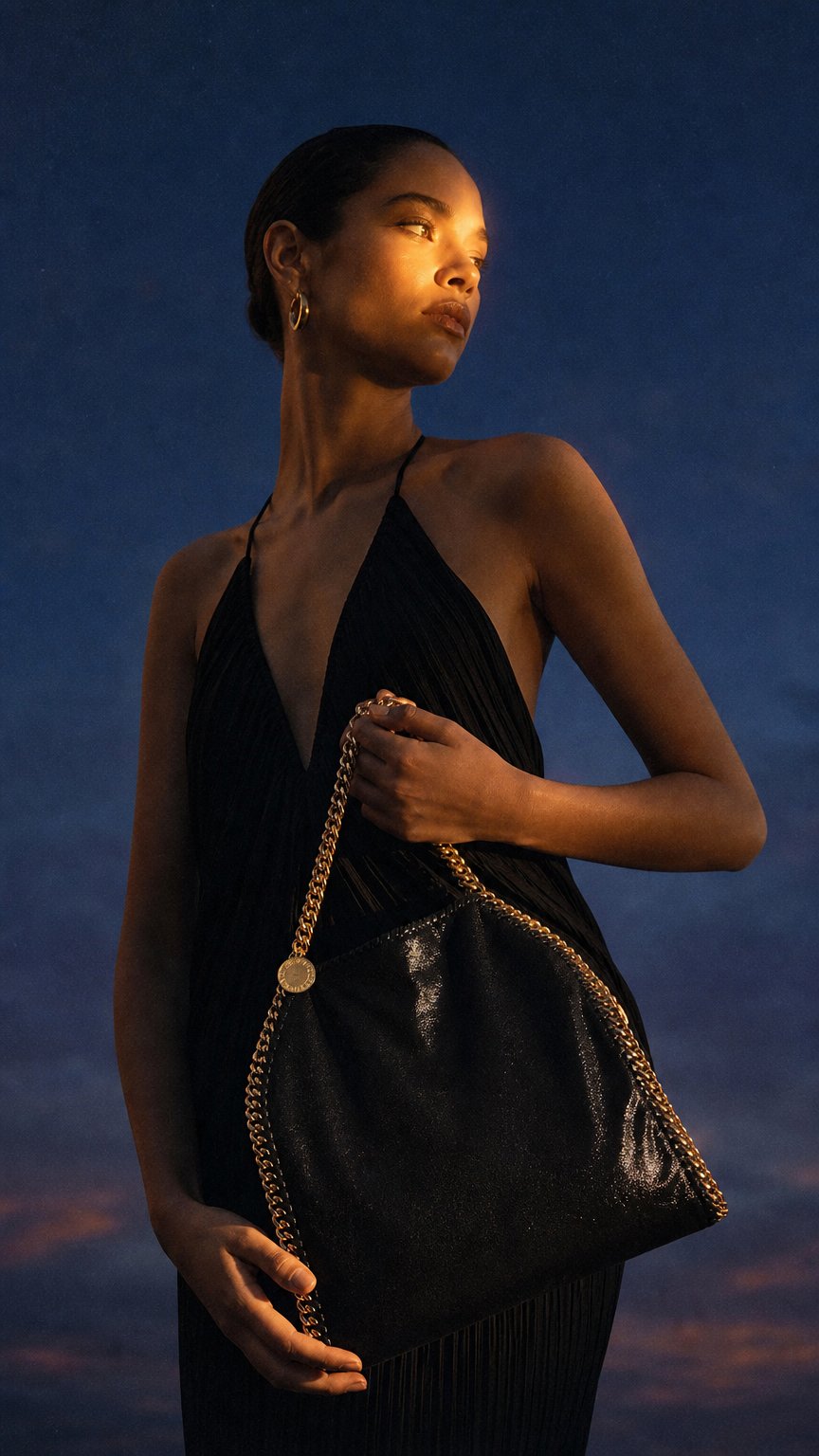 AI product shot of Stella McCartney Falabella Fold Over Tote Black Vegan Leather Shoulderbag