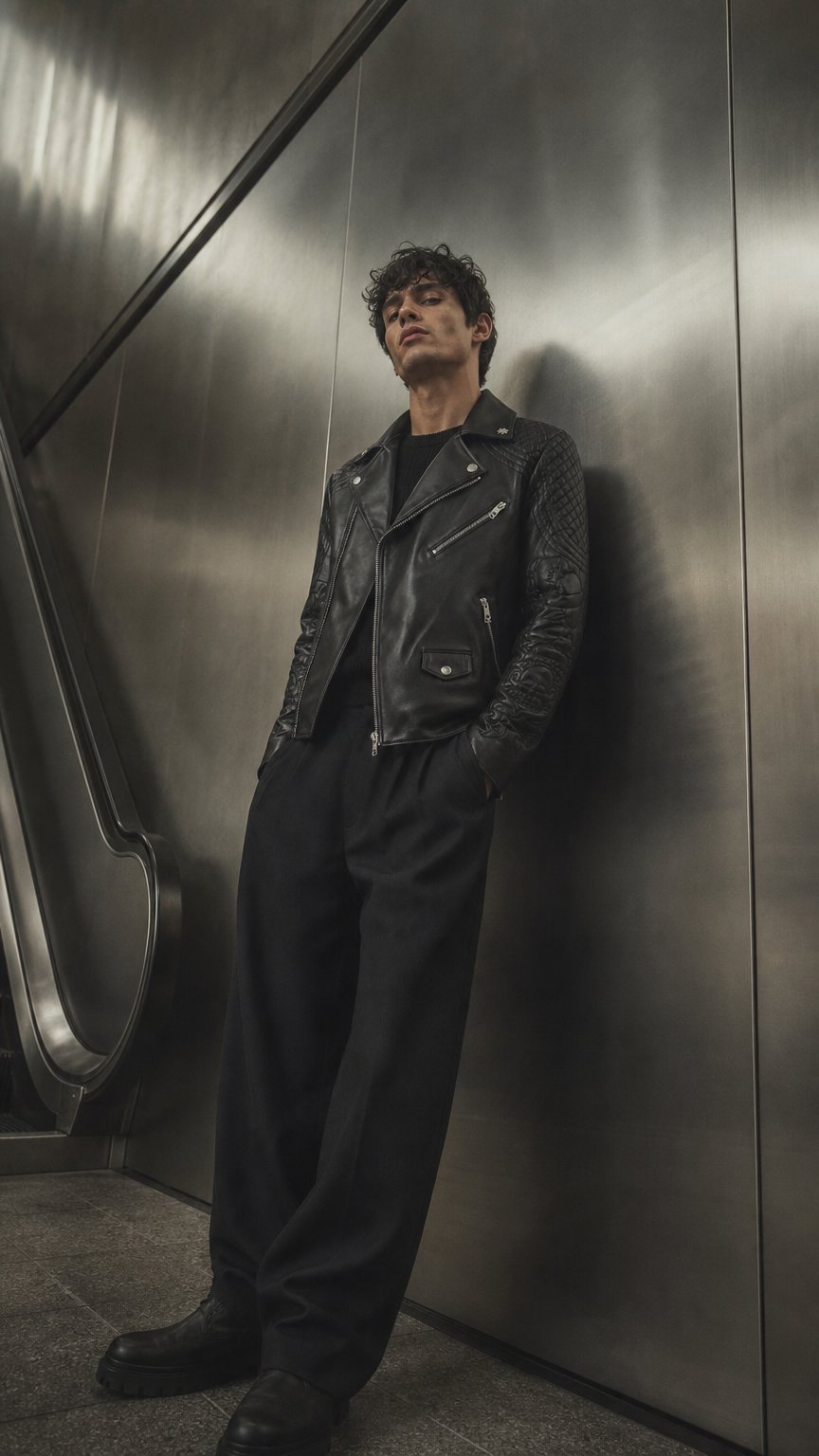 AI product shot of Giacca Biker in Pelle con Spalle Trapuntate e Ricami