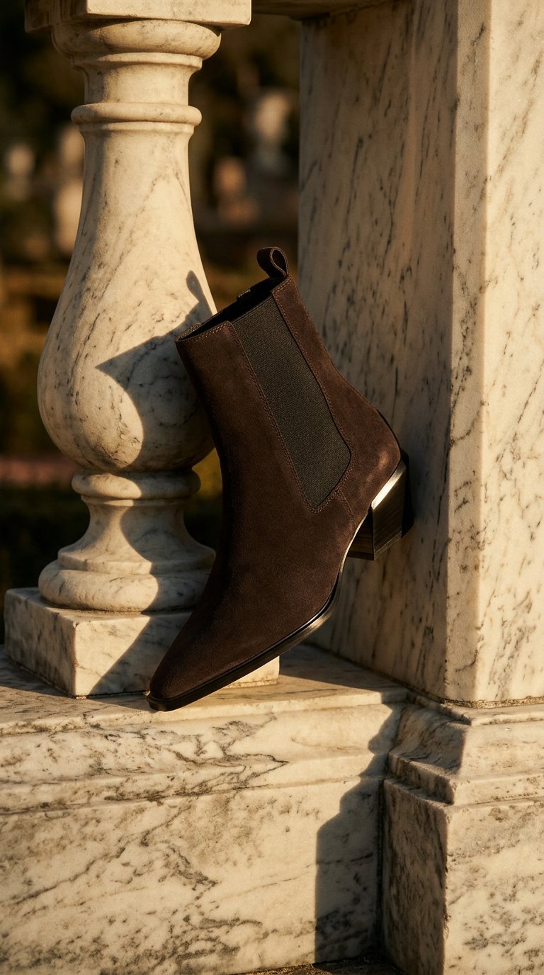 AI product shot of Fable flat ankle boots bitter choc suede