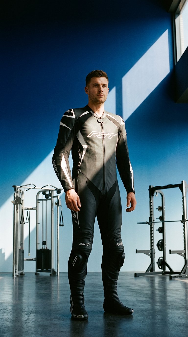 AI product shot of RST Podium Airbag CE One Piece Leather Suit – Black/White
