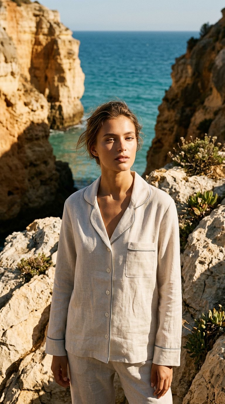 AI product shot of FRENCH LINEN SHORT PAJAMA SET