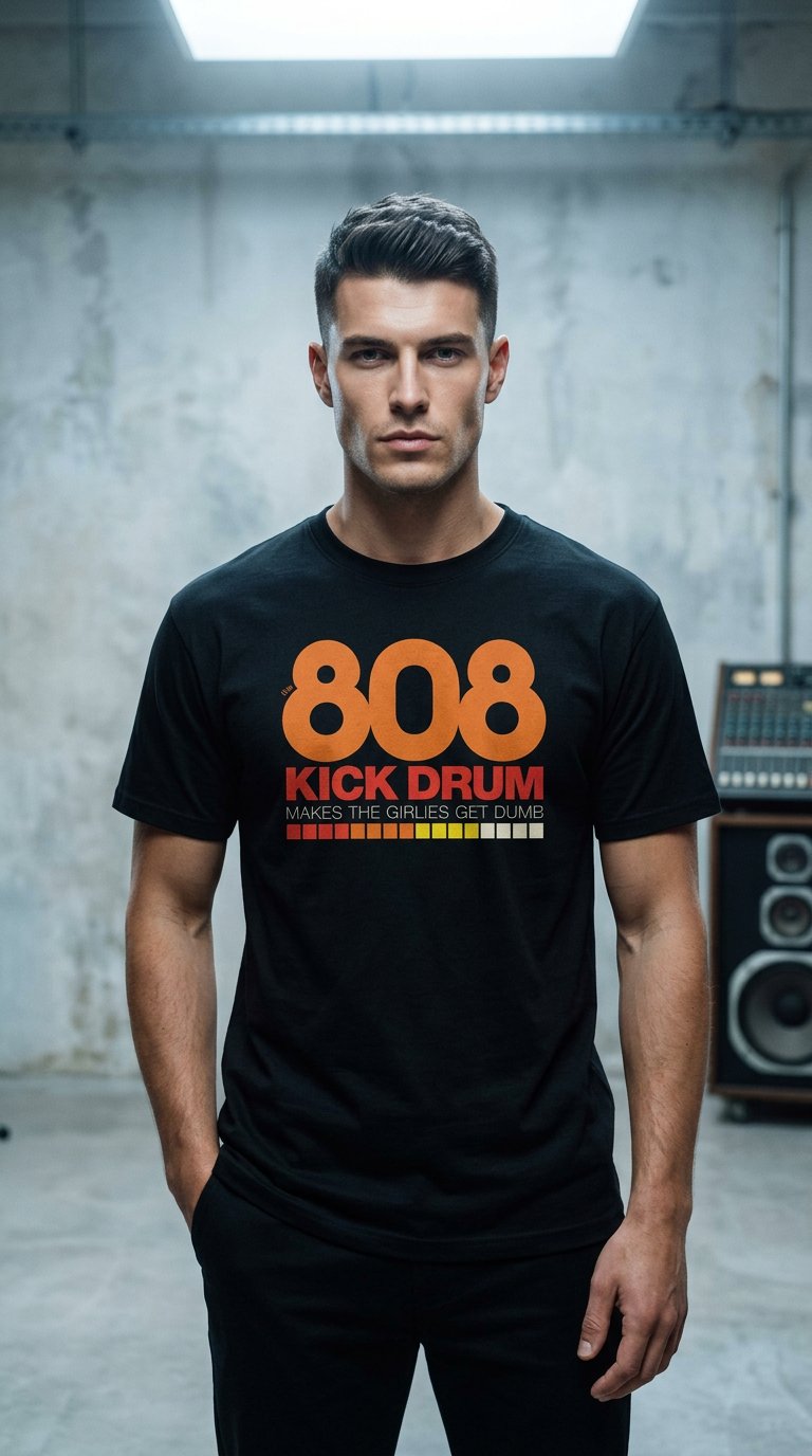 AI product shot of The 808 Kick Drum Makes the Girlies Get Dumb – Shirt