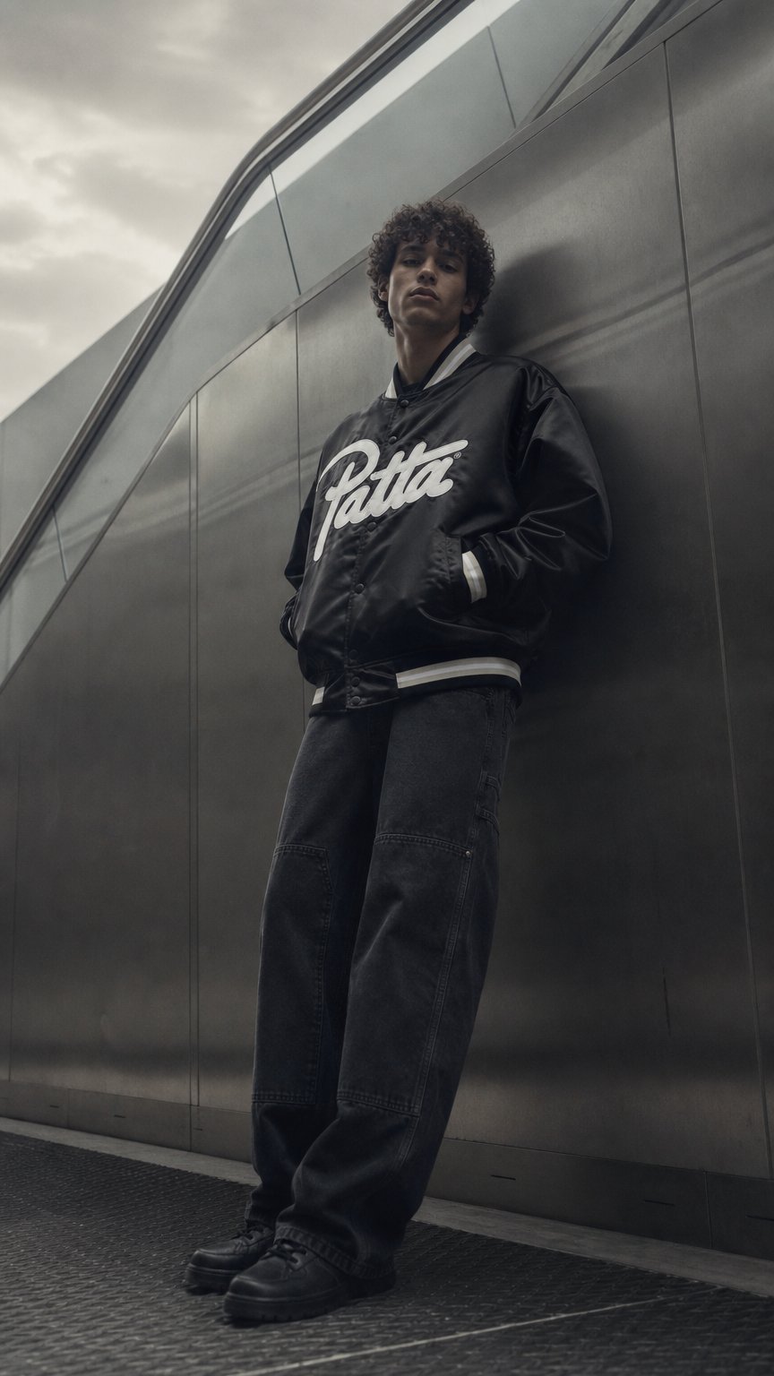 AI product shot of Patta Script Logo Satin Varsity Jacket (Black)