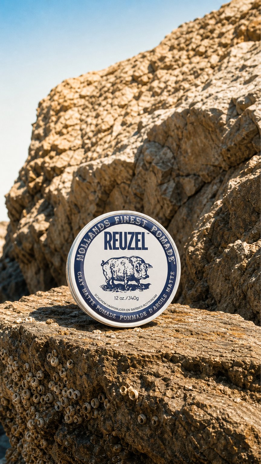 AI product shot of Reuzel Clay Matte Pomade | Sterke Hold & Matte Finish