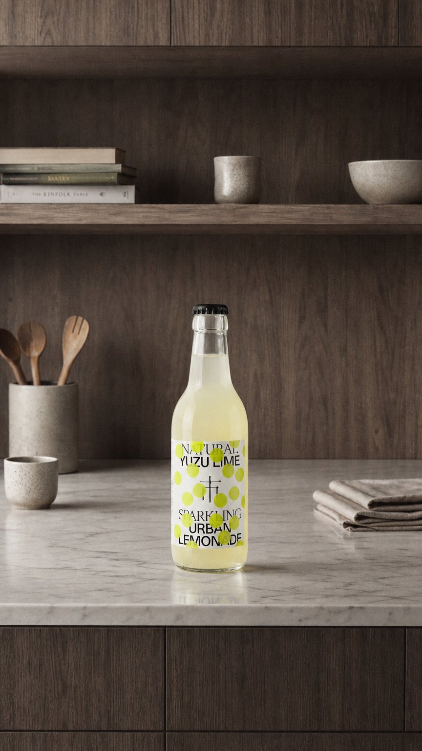 AI product shot of Urban Lemonade Yuzu Lime 33 cl Glas EW